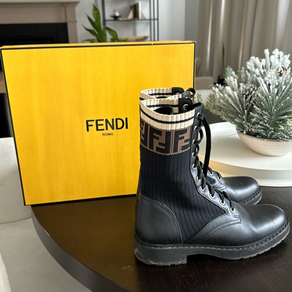 Fendi Roma FF Logo Knit Combat Boots Black Leather Sock Boots EU 39
